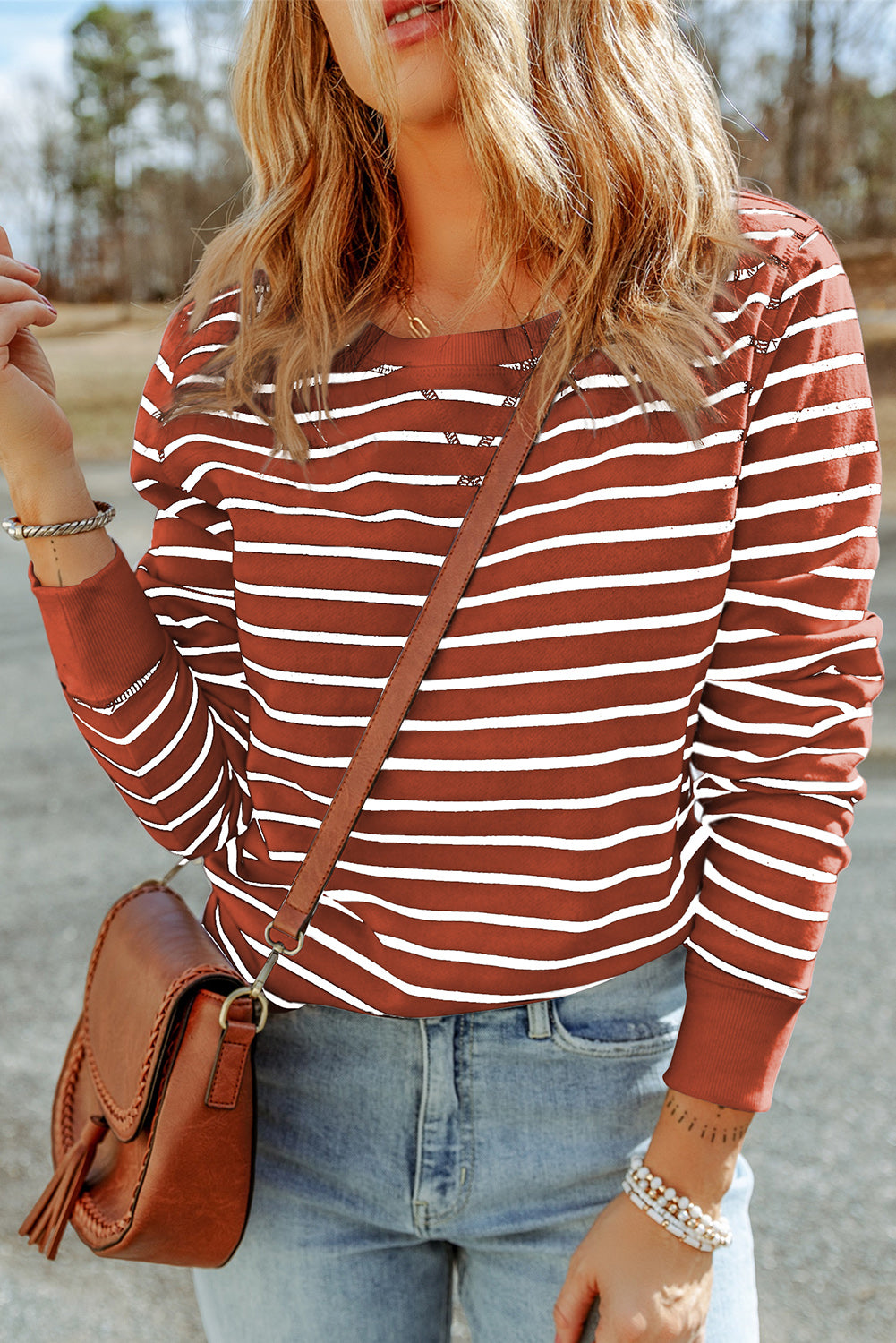 Red Striped Print Ribbed Trim Long Sleeve Top