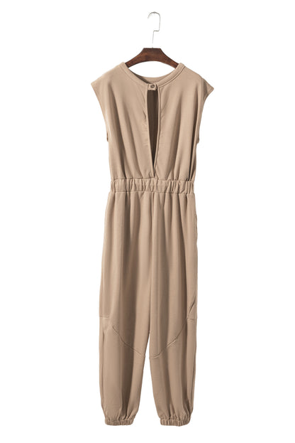 Light French Beige Back Drawstring Jogger Jumpsuit