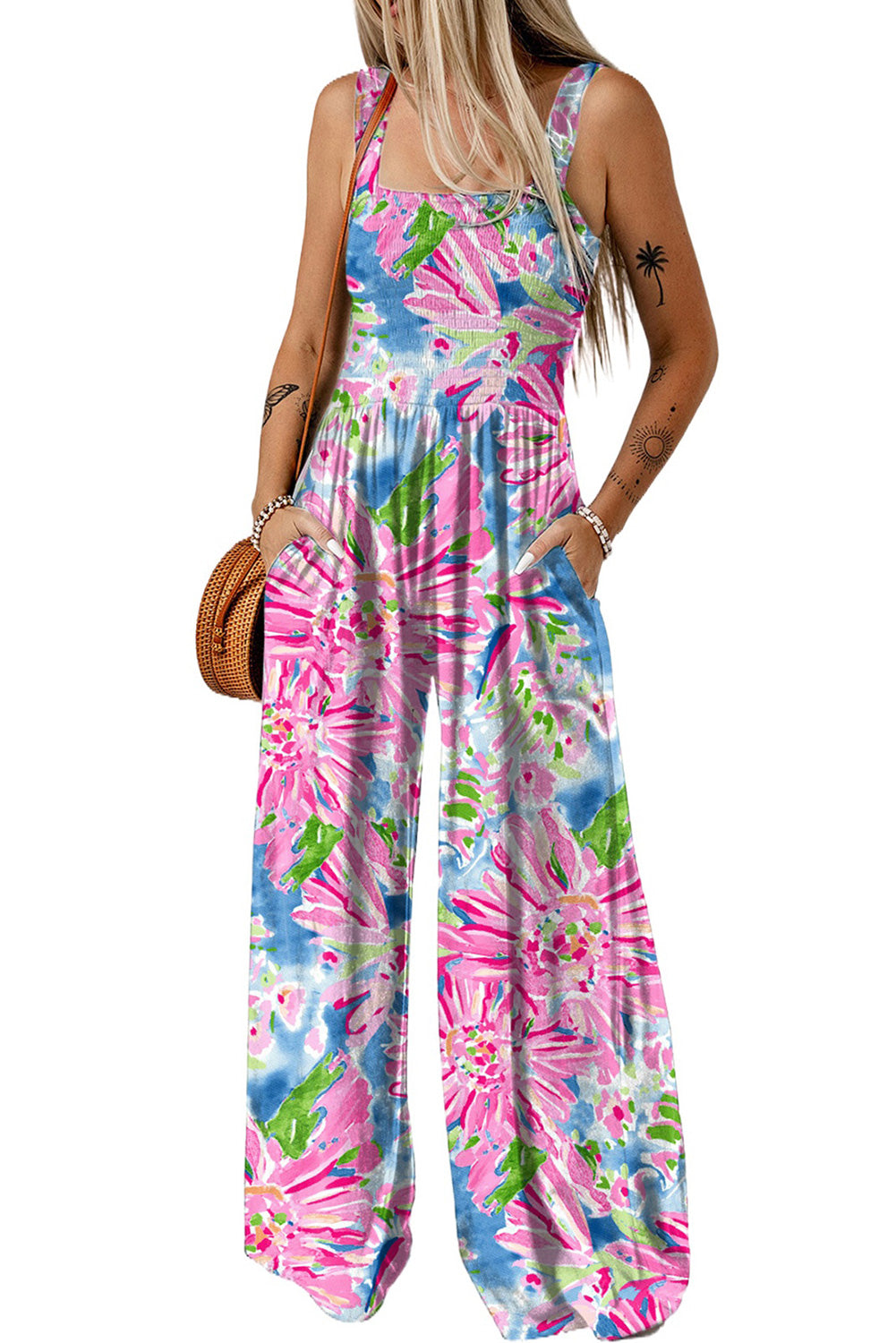 Pink Abstract Floral Painting Wide Leg Jumpsuit