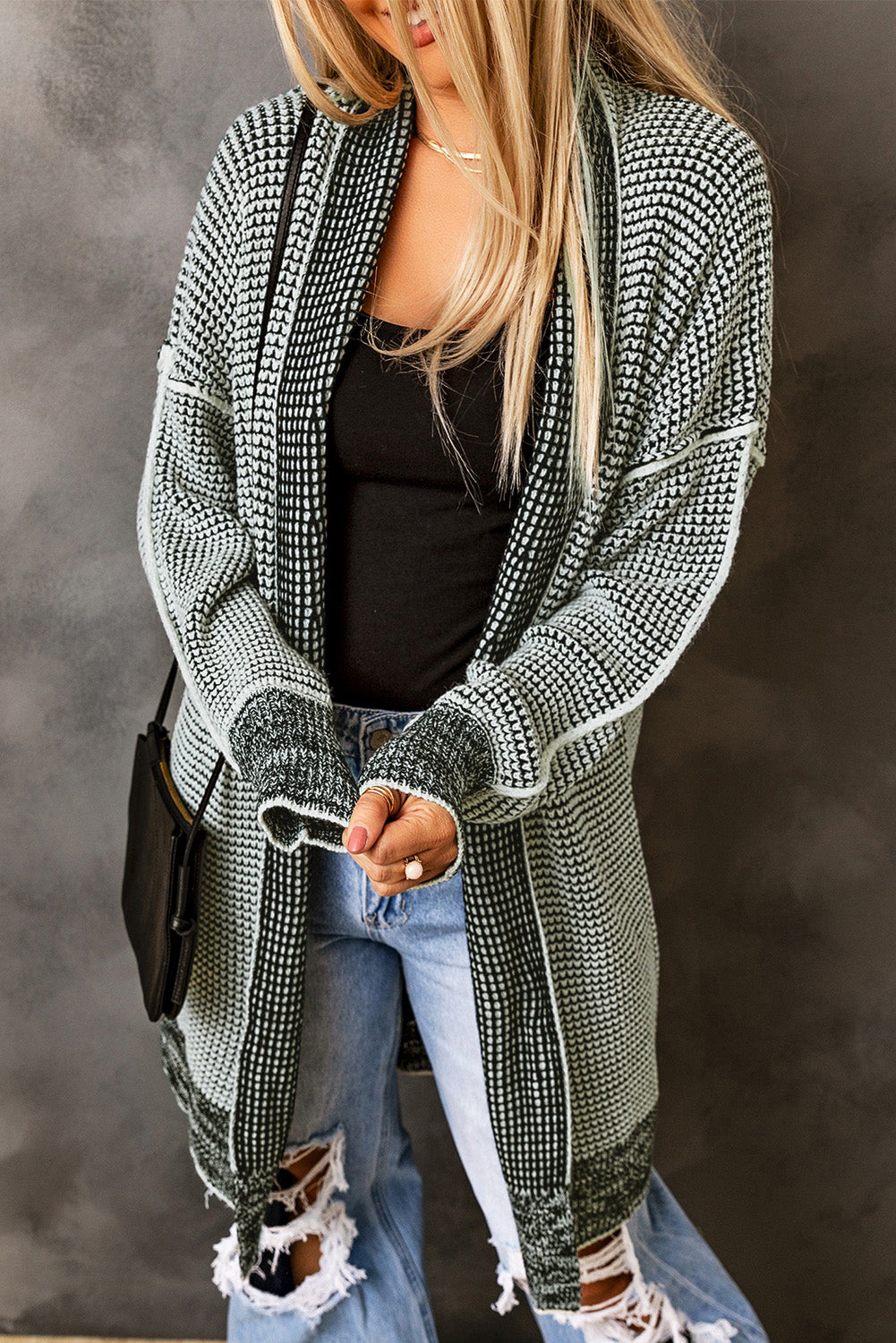 Gray Plaid Knit Long Cardigan