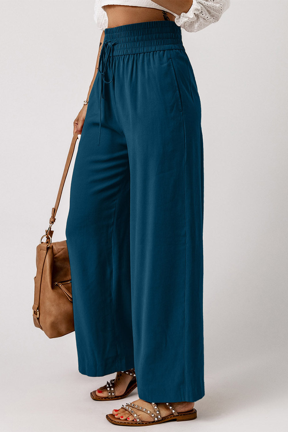 Blue Drawstring Elastic Waist Pants