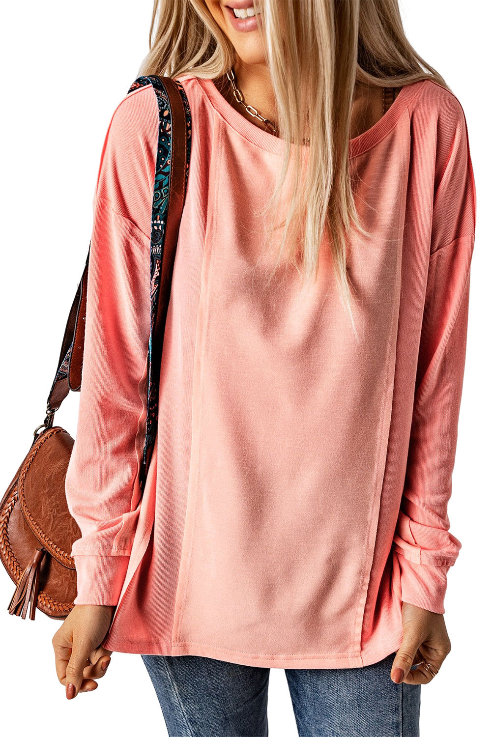 Pink Solid Color Patchwork Long Sleeve Top