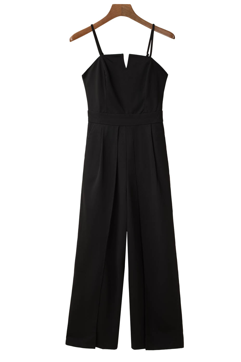 Black Spaghetti Straps Slit Leg Jumpsuit with Pockets