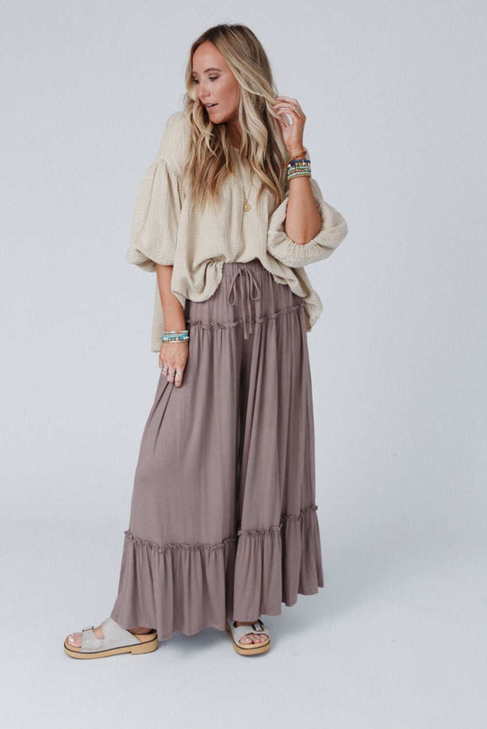 Khaki Frilled High Waist Wide Leg Pants