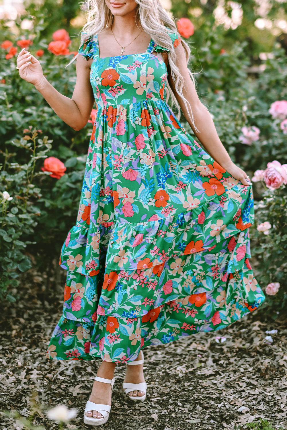 Green Floral Print Ruffle Maxi Dress