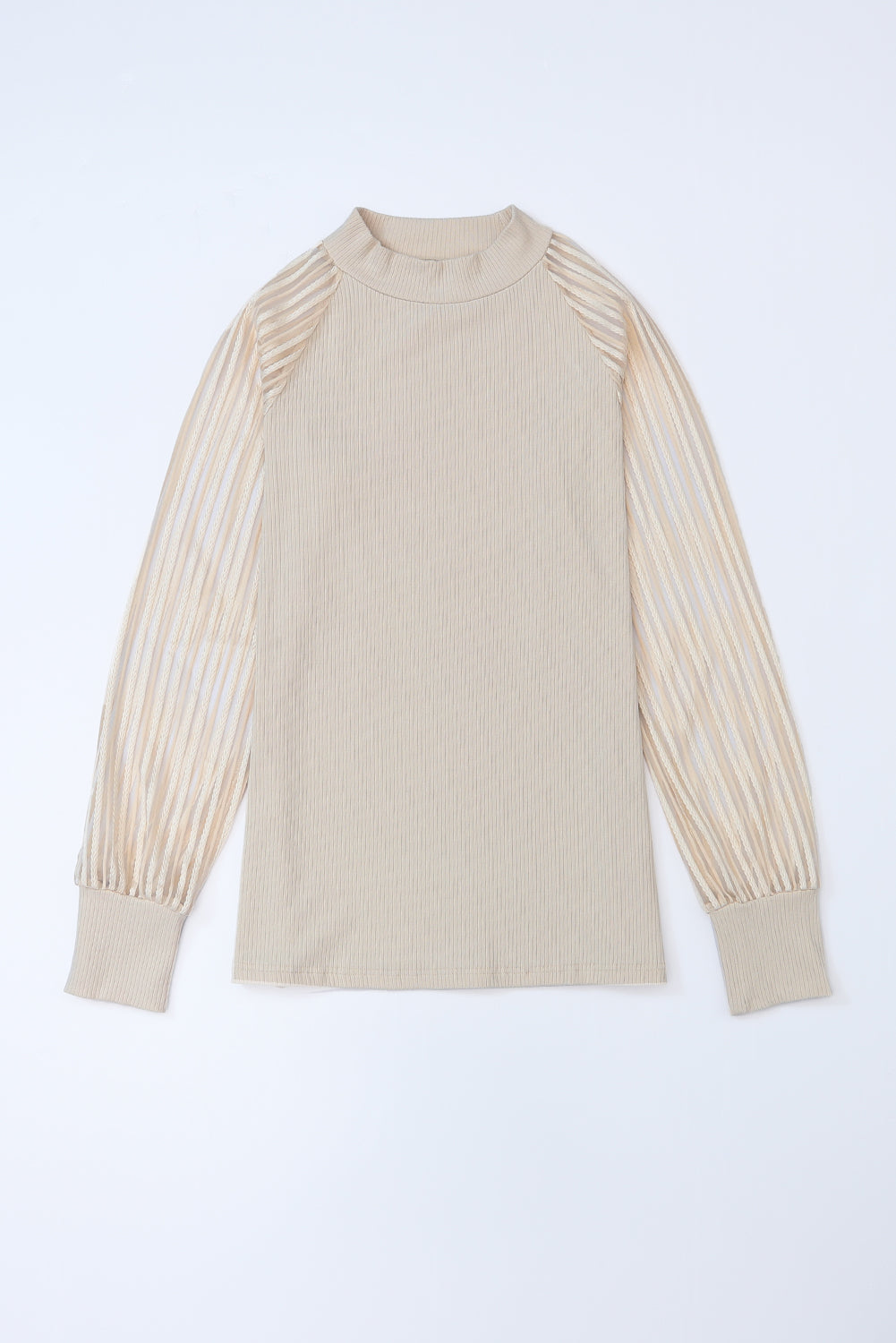 Apricot Striped Mesh Long Sleeve Crewneck Ribbed Top