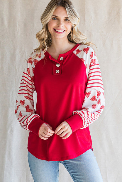 Fiery Red Heart Striped Raglan Sleeve Henley Top