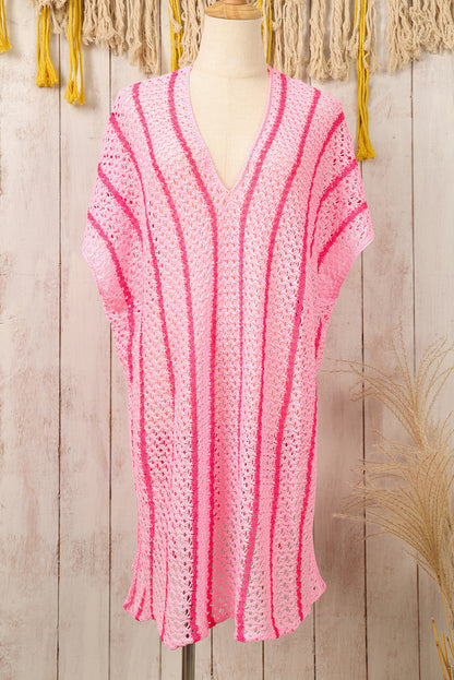 Pink Striped Crochet Neck Beach Cover Up