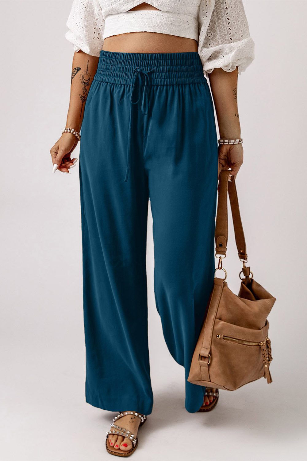 Blue Drawstring Elastic Waist Pants