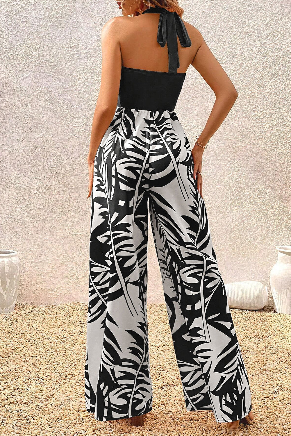 Black Halter Tropical Plant Print Wide Leg Jumpsuit