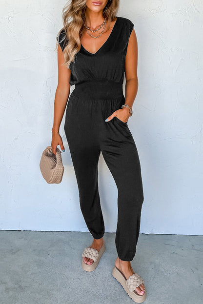 Black Shirred High Waist Sleeveless Jumpsuit