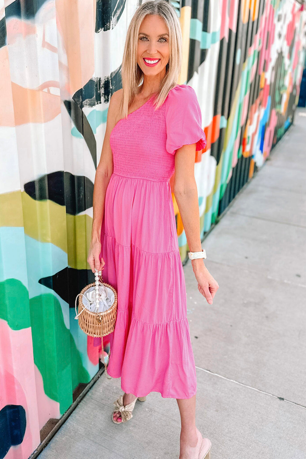 Strawberry Pink Sleeve Smocked Midi Dress