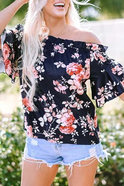 Blue Ruffle Off Shoulder Flounce Sleeve Floral Blouse