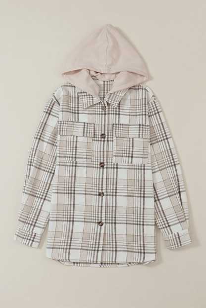 Khaki Plaid Removable Hood Buttoned Shacket