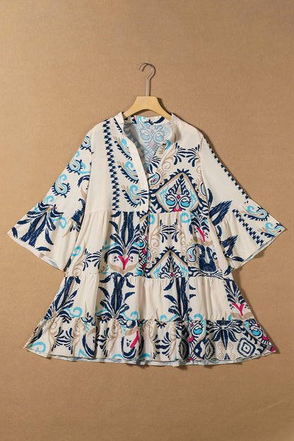 White Tribal Print Buttoned Mini Dress