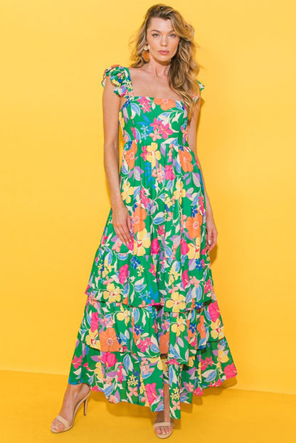 Green Floral Print Ruffle Maxi Dress