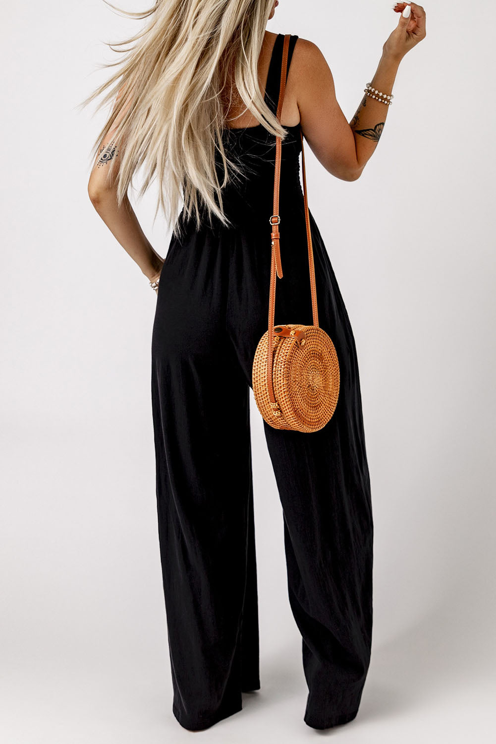 Black Smocked Sleeveless Wide Leg Jumpsuit