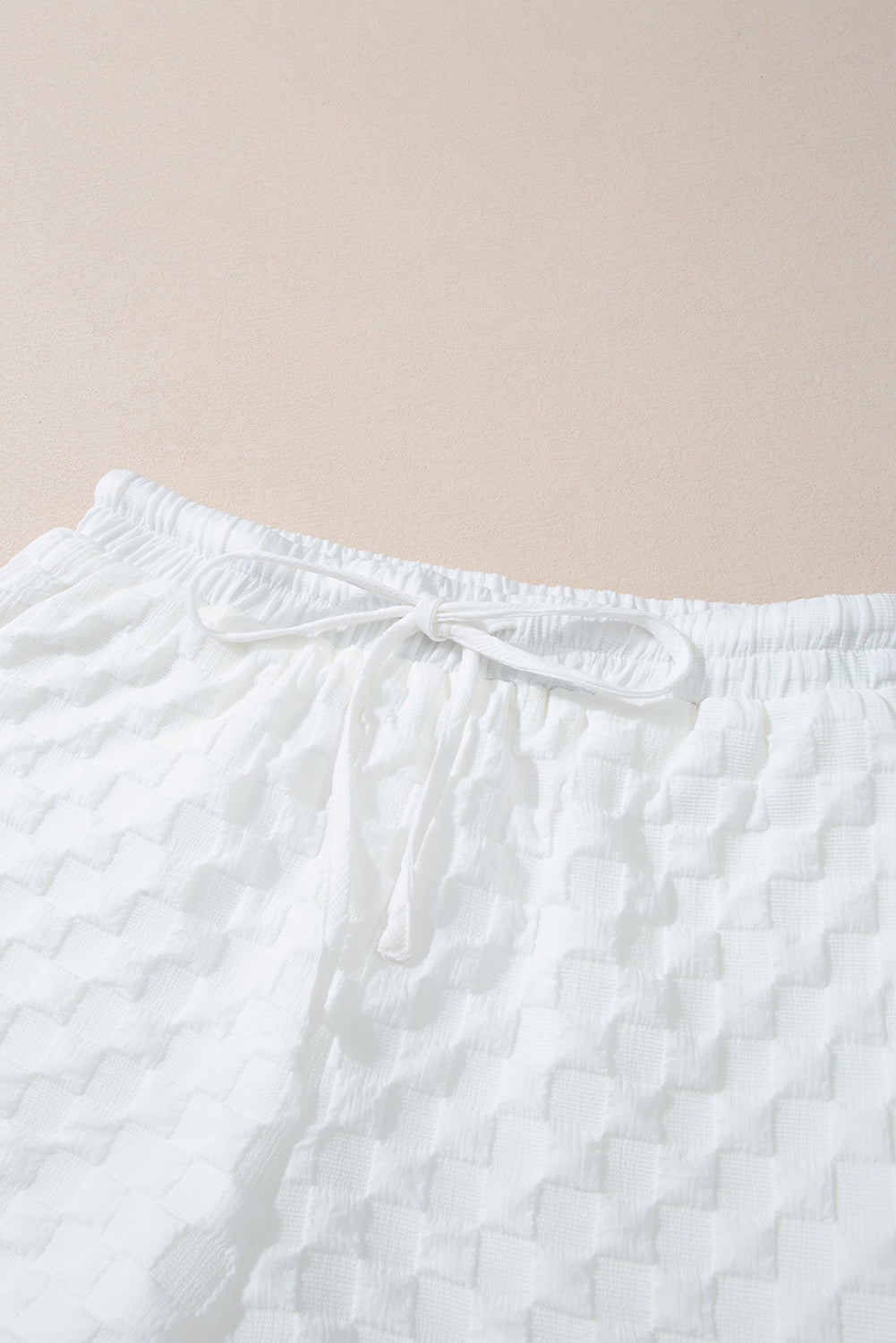 White Textured Split Neck Top and Drawstring Shorts Set