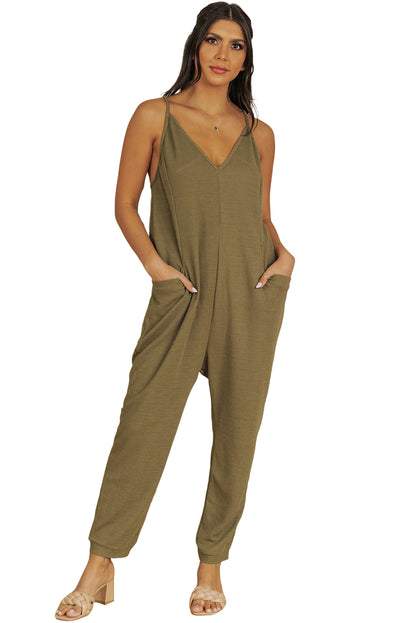 Green Textured Sleeveless V-Neck Jumpsuit