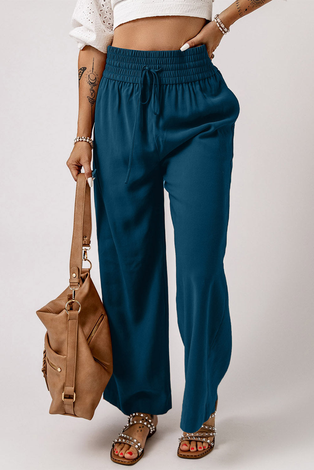 Blue Drawstring Elastic Waist Pants