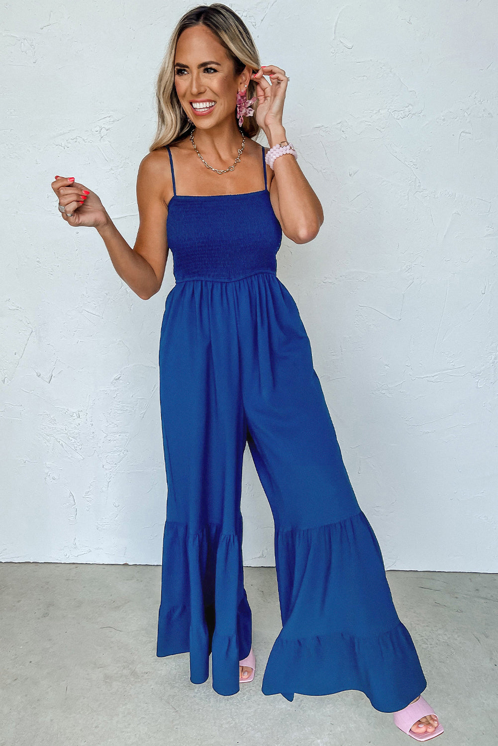 Navy Blue Spaghetti Straps Wide Leg Jumpsuit