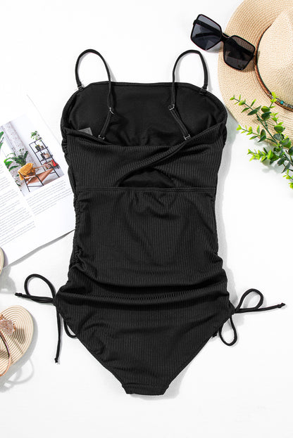 Black Ribbed Sides Cutout One Piece Swimsuit