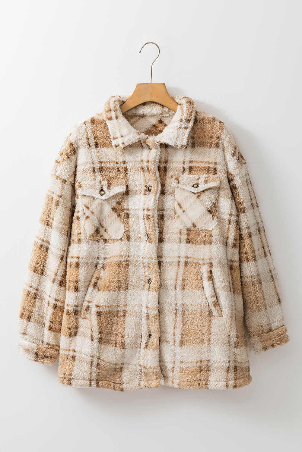 Khaki Sherpa Plaid Button Pocketed Jacket