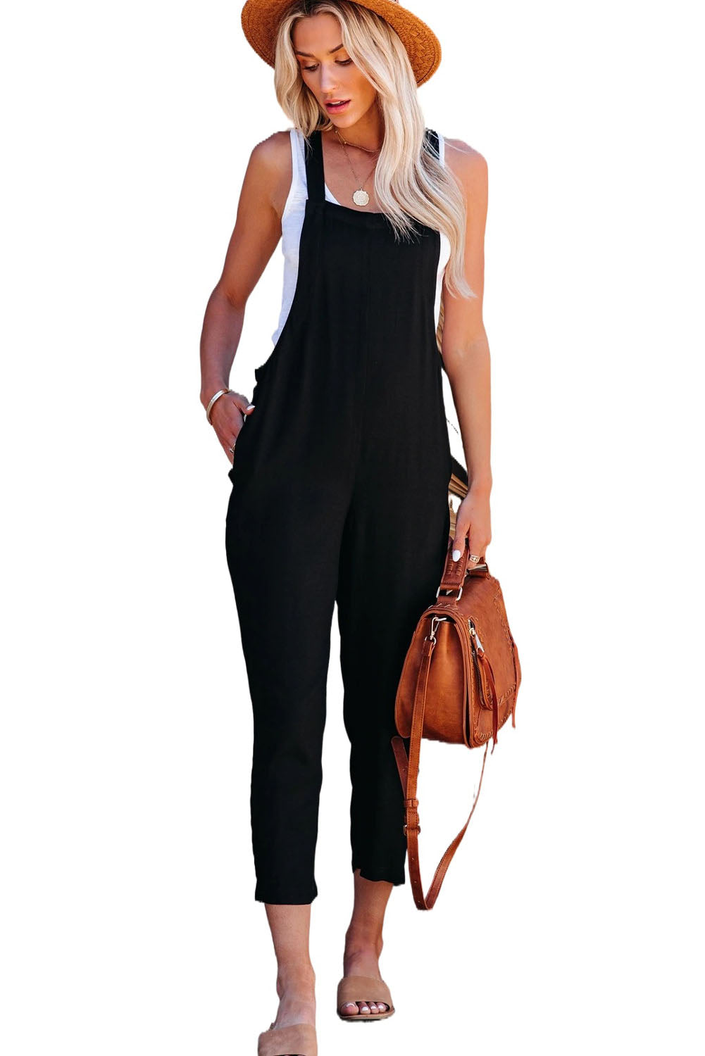 Black Buckle Strap Cropped Jumpsuit