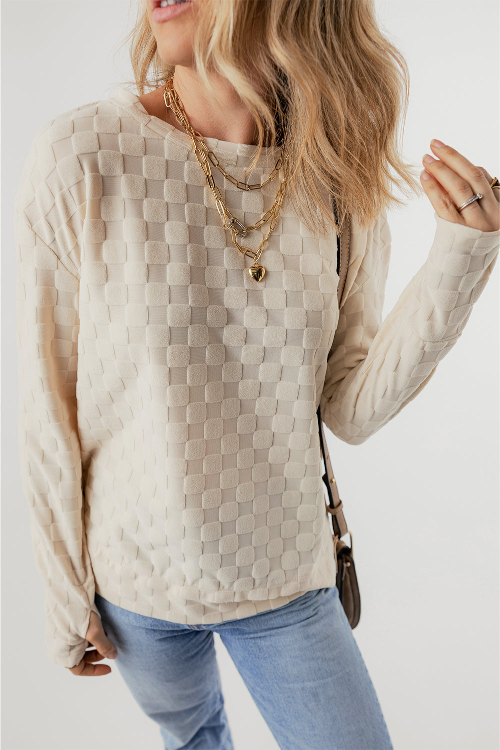 Beige Solid Textured Thumbhole Sleeve Top