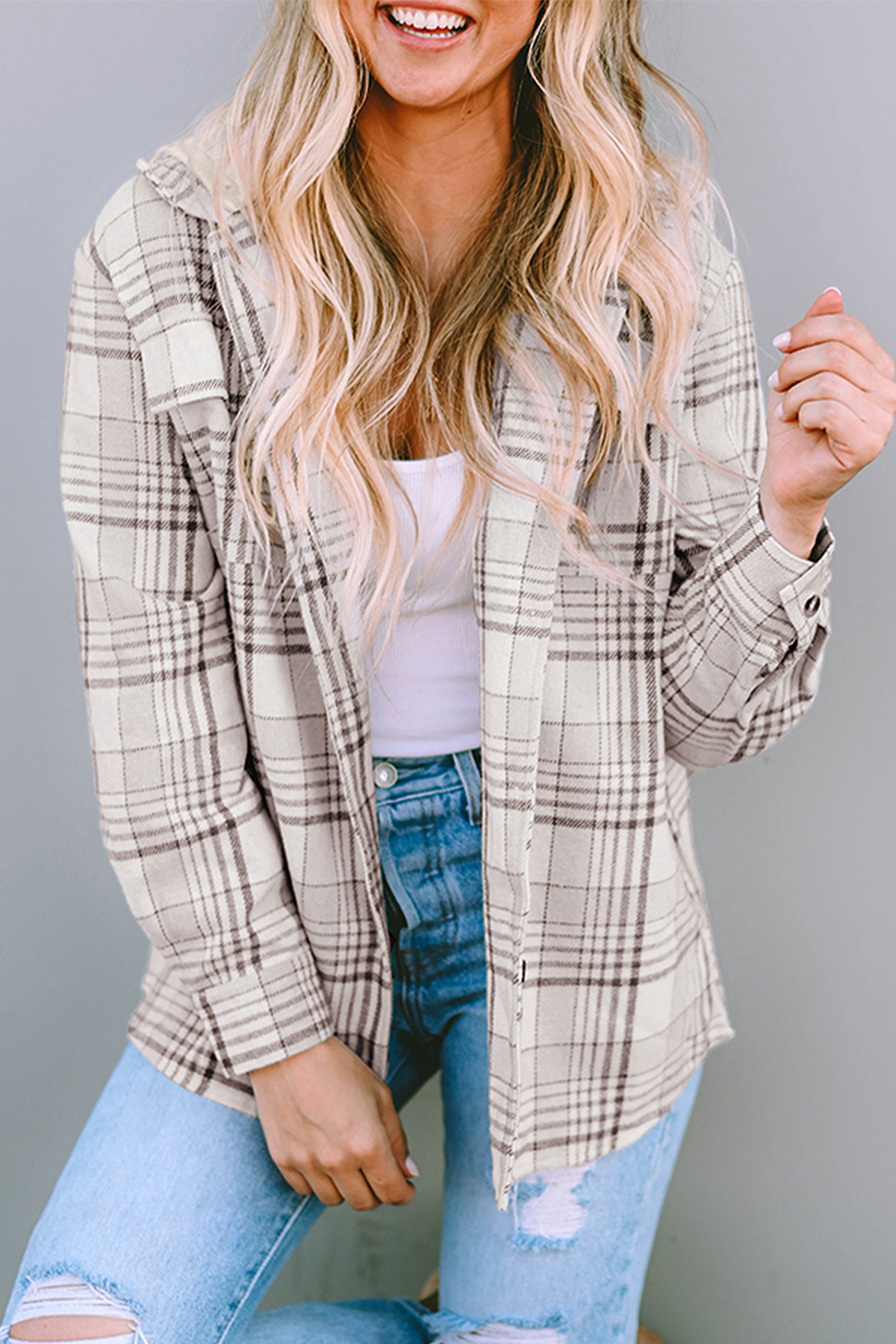 Khaki Plaid Removable Hood Buttoned Shacket