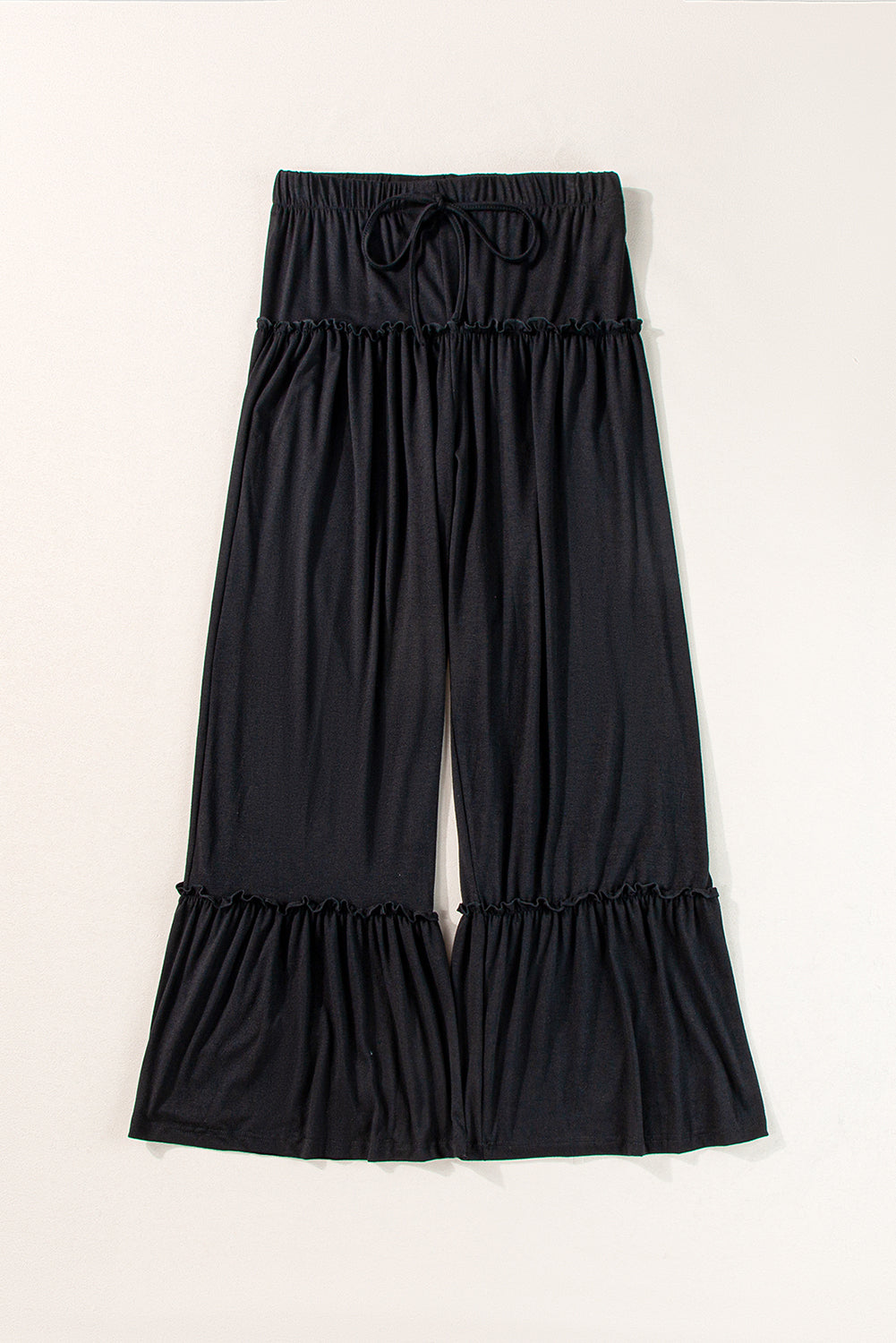 Black Frilled Drawstring High Waist Wide Leg Pants