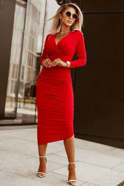 Fiery Red Long Sleeves Wrap V Neck Bodycon Dress