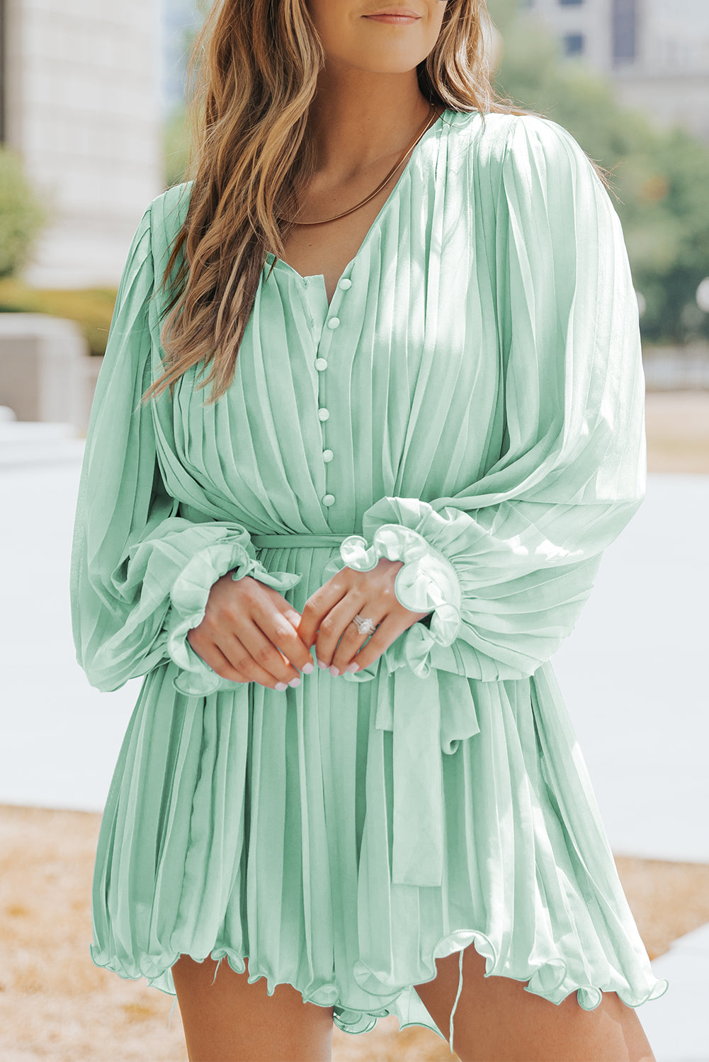 Green Ruffled Tie Waist Romper