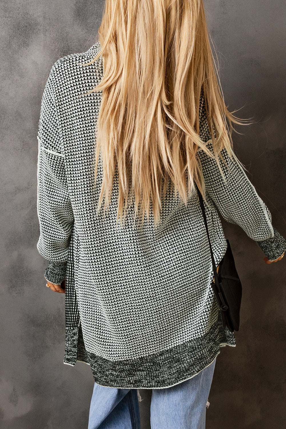 Gray Plaid Knit Long Cardigan