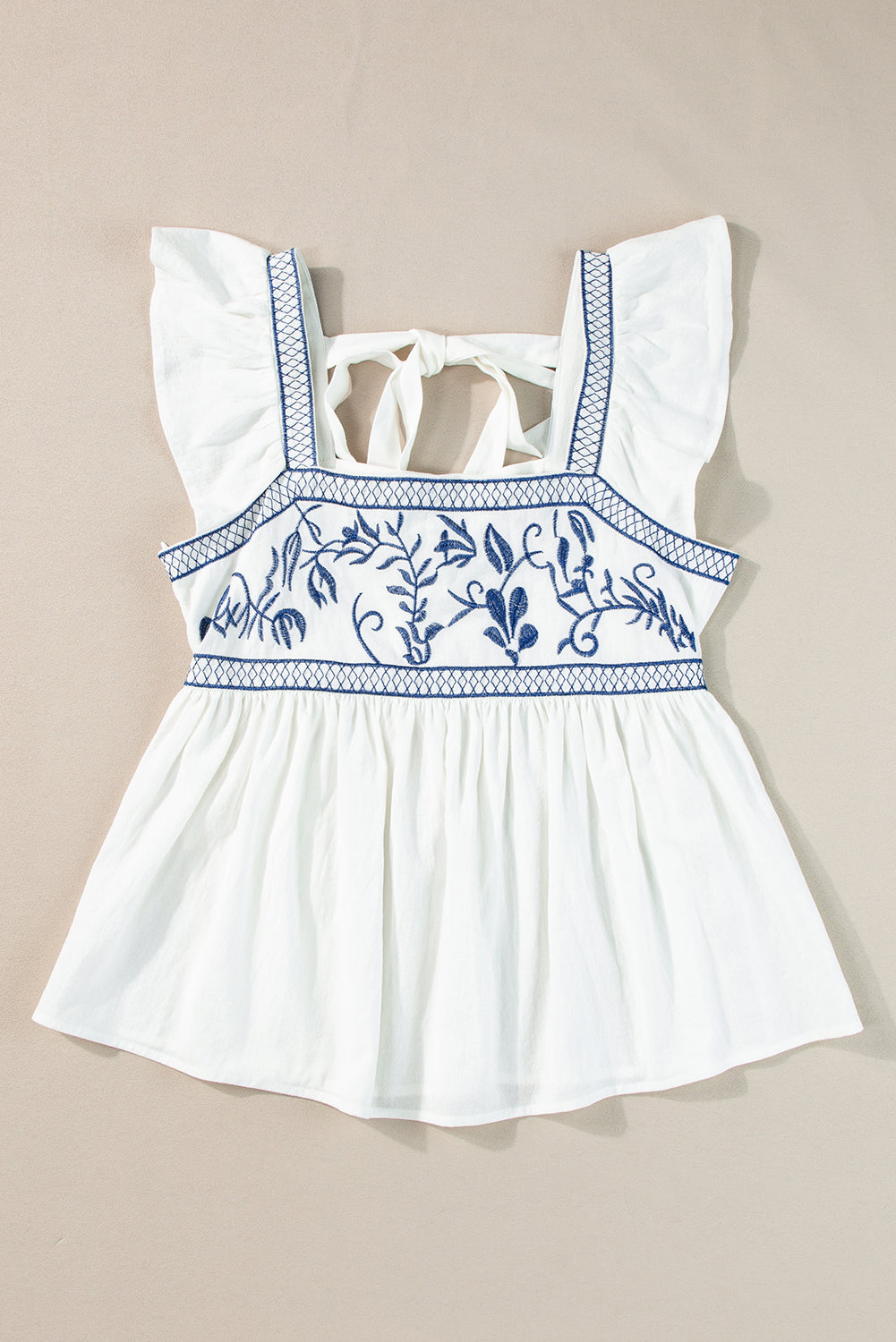 White Embroidered Square Neck Peplum Blouse