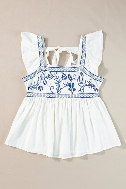 White Embroidered Square Neck Peplum Blouse