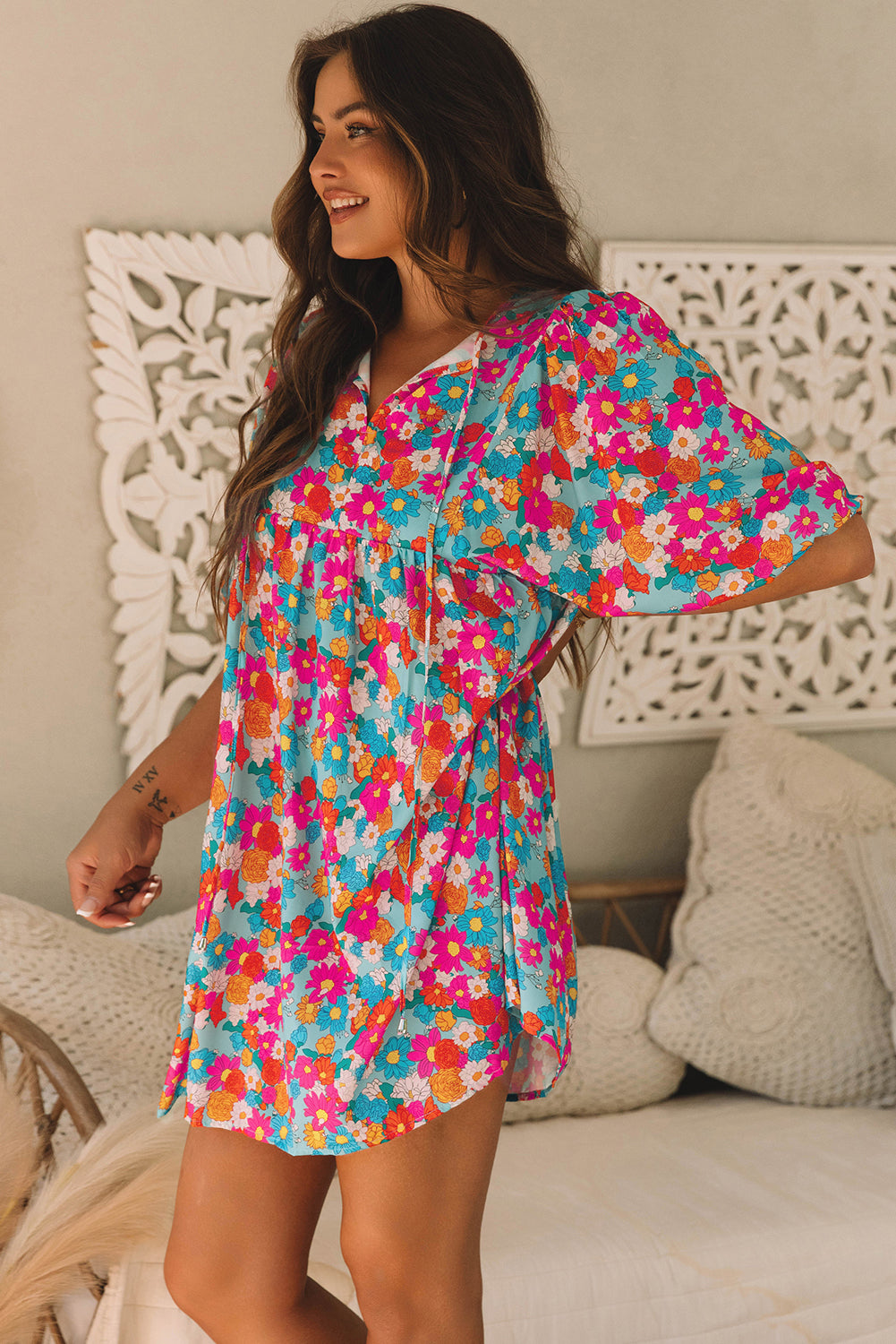 Sky Blue Floral Print Bubble Sleeve Dress