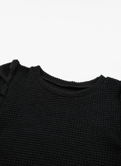 Black Solid Color Textured Buttoned Gigot Sleeve Top