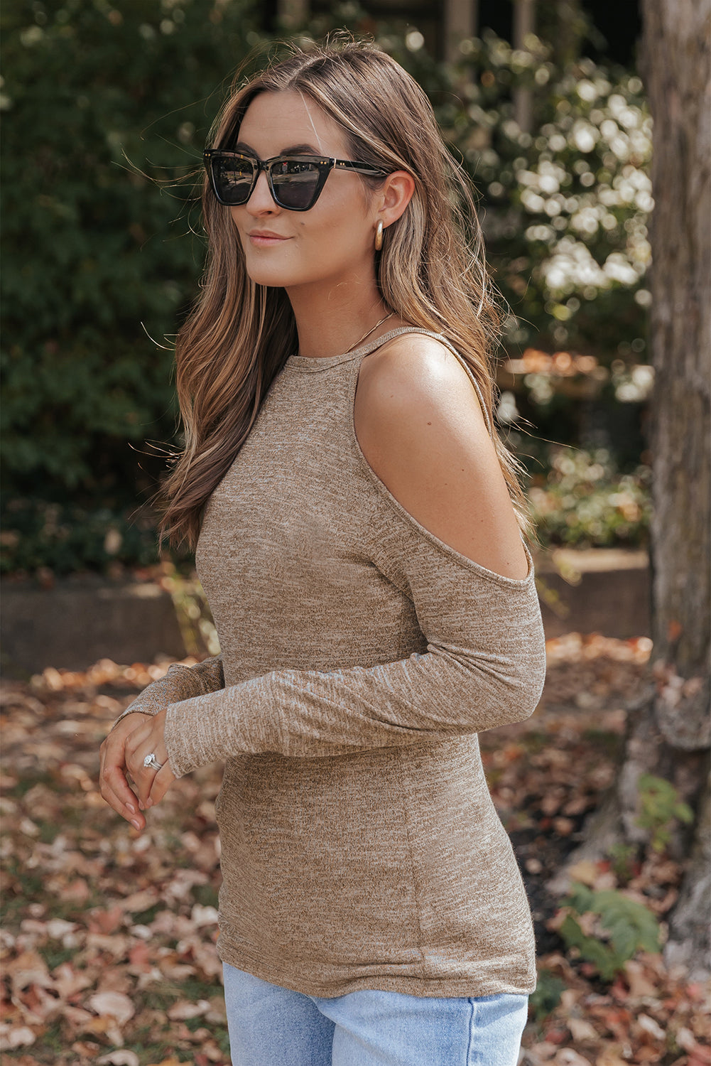 Khaki Marble Knit Cold Shoulder Long Sleeve Top