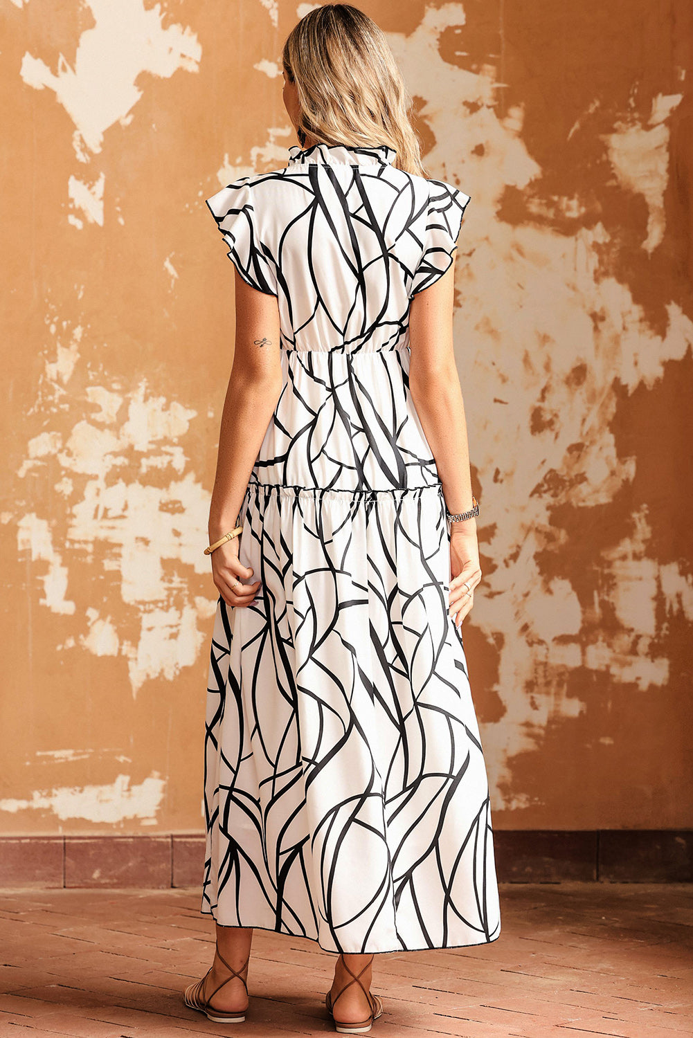 White Abstract Vein Print V Neck Ruffle Maxi Dress