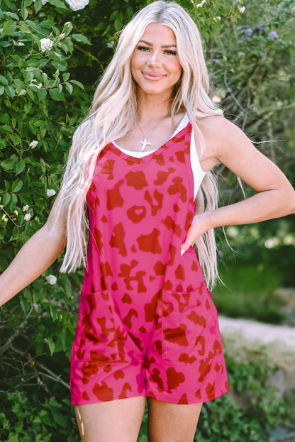 Rose Red Leopard Pocketed V Neck Sleeveless Romper