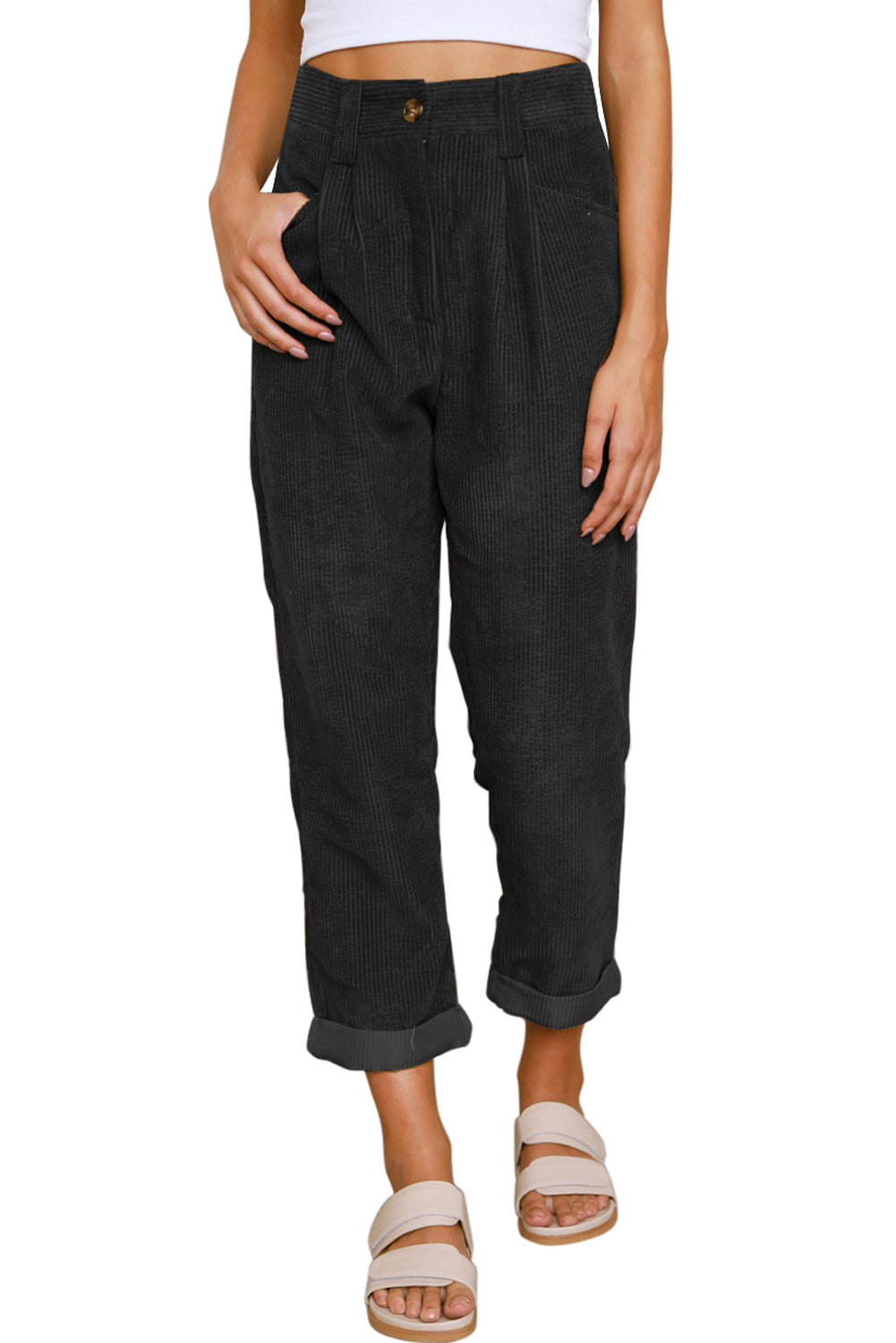 Black Corduroy High Waist Pants