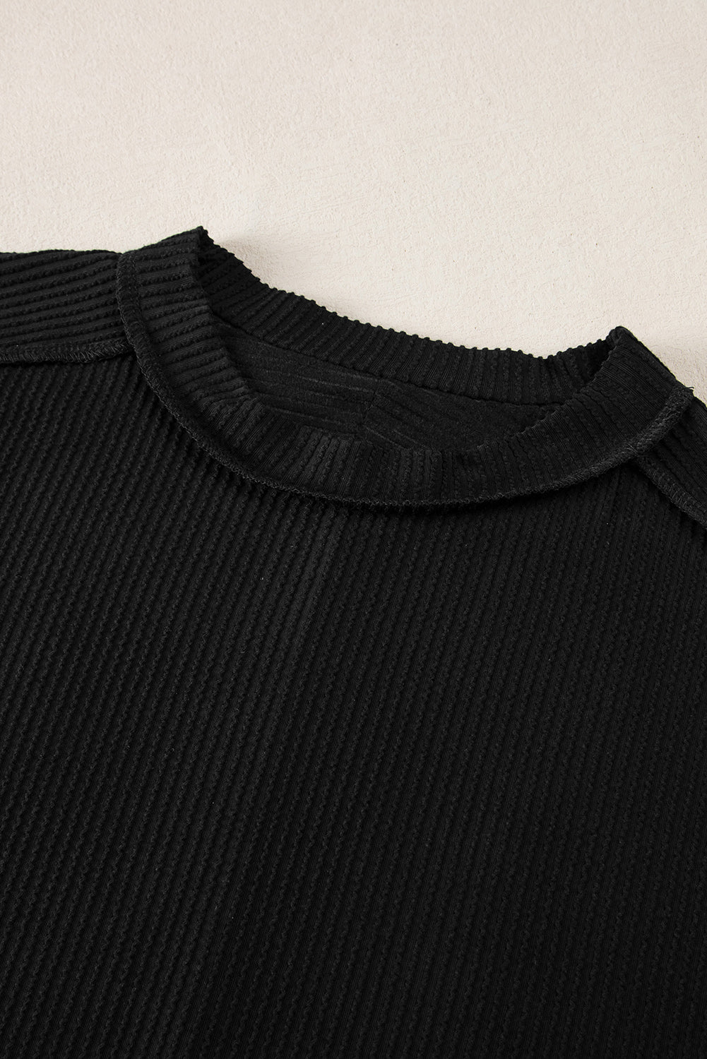 Black Textured Knit Exposed Stitching T-shirt