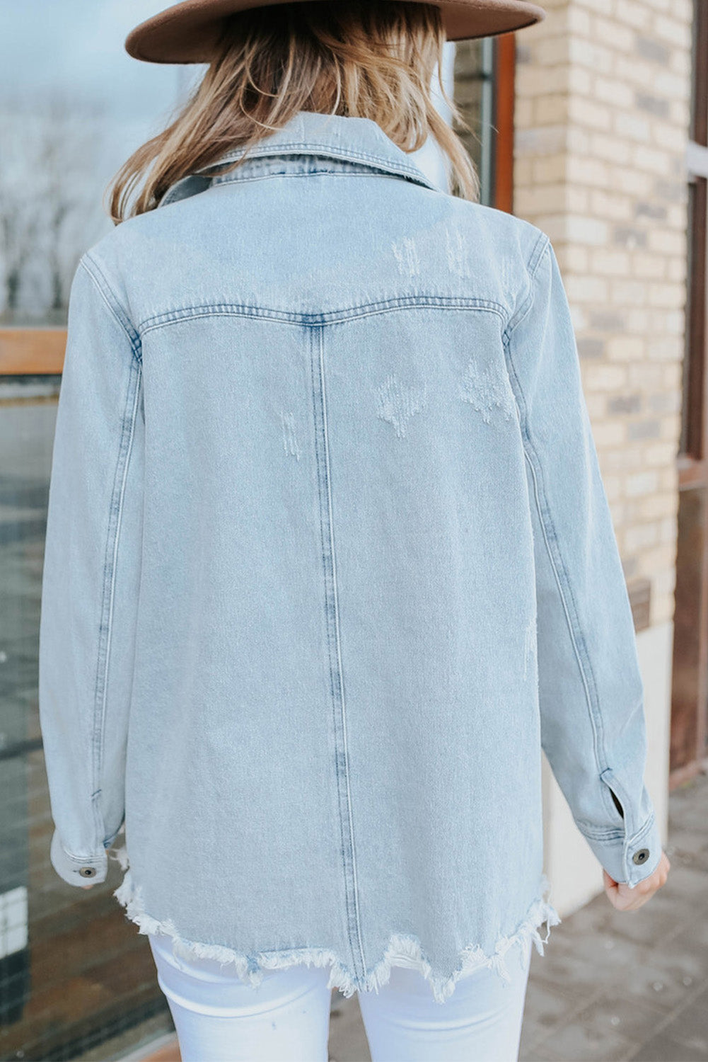 Sky Blue Flap Pocket Buttoned Raw Hem Denim Jacket