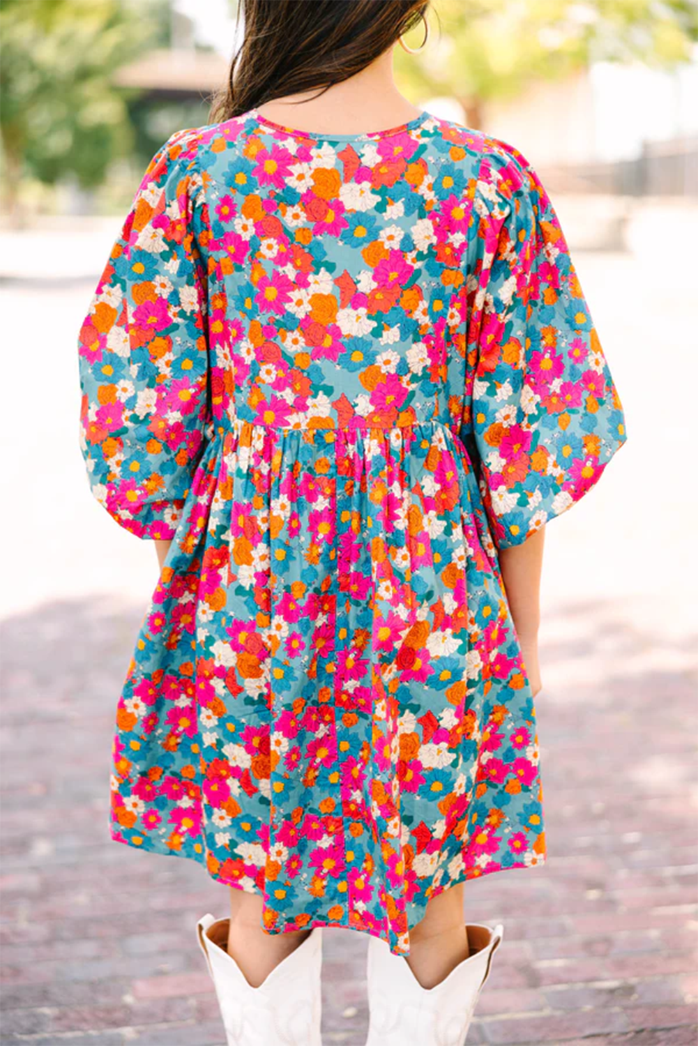 Sky Blue Floral Print Bubble Sleeve Dress