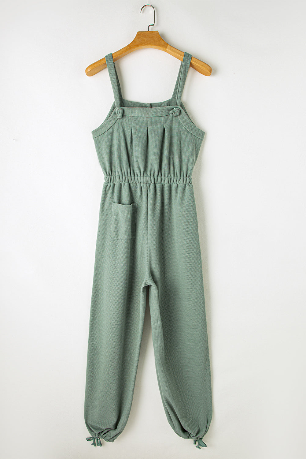 Moss Green Knotted Straps Button Textured Drawstring Jumpsuit