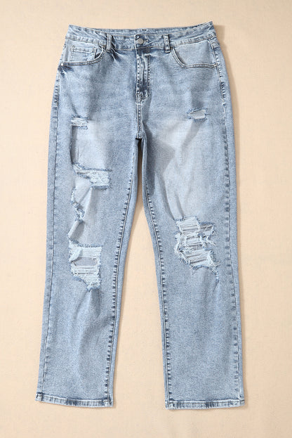 Sky Blue Light Wash Frayed Slim Fit High Waist Jeans