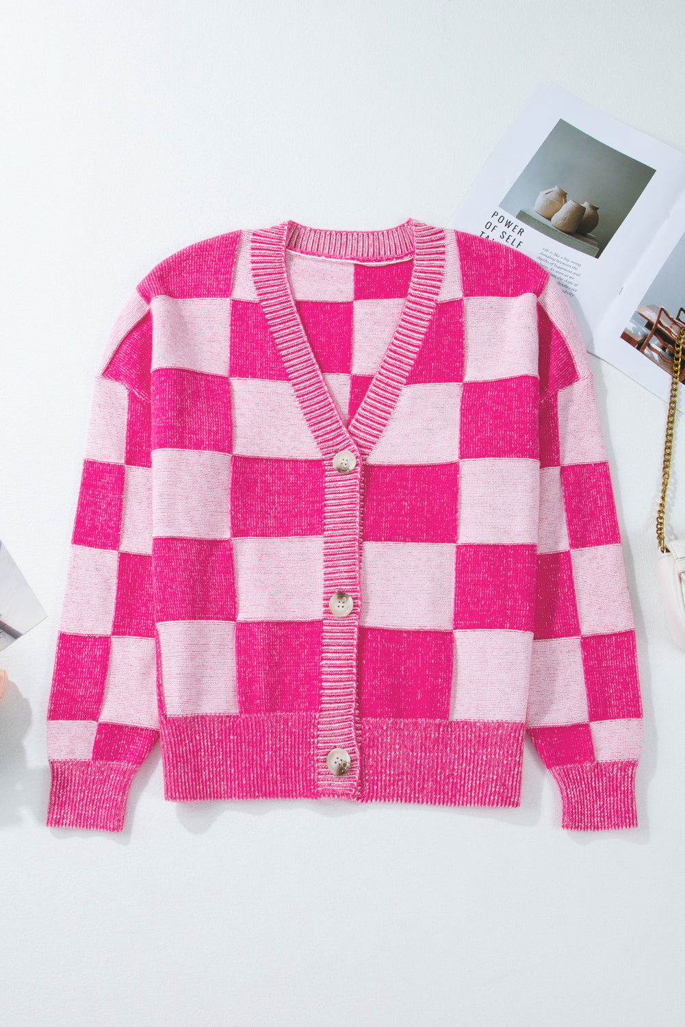 Pink Checkered Drop Shoulder Buttoned V Neck Cardigan