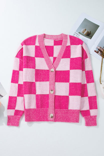 Pink Checkered Drop Shoulder Buttoned V Neck Cardigan