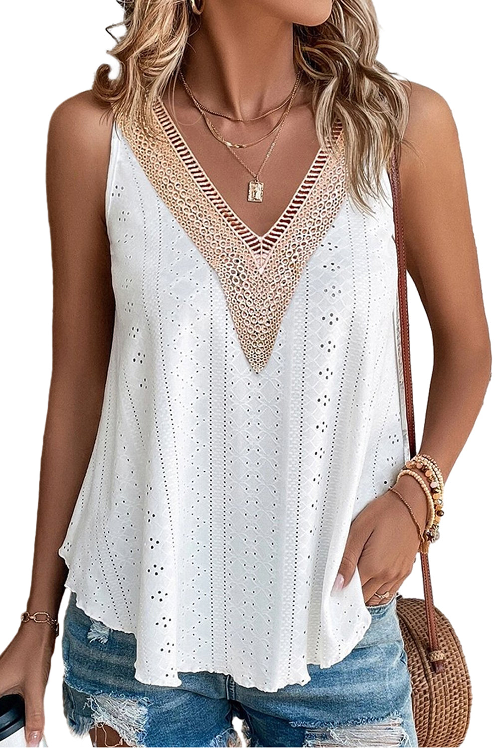 White Lace  V Neck Tank Top